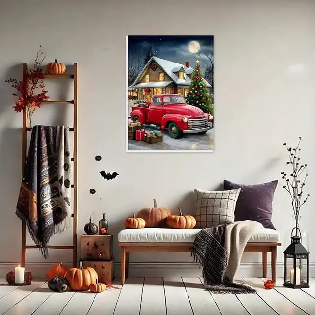 Alt view image 3 of 7 - Christmas Framed Paint by Numbers Kit for Adults, Red Truck Adults' Paint-By-Number Kits on Canvas, Snow Scene Painting by Numbers, DIY Acrylic Number Painting for Gift Home Wall Decor 8x12 In