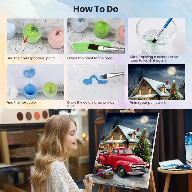 Alt view image 5 of 7 - Christmas Framed Paint by Numbers Kit for Adults, Red Truck Adults' Paint-By-Number Kits on Canvas, Snow Scene Painting by Numbers, DIY Acrylic Number Painting for Gift Home Wall Decor 8x12 In