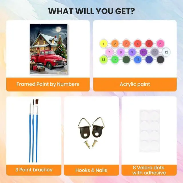 Alt view image 7 of 7 - Christmas Framed Paint by Numbers Kit for Adults, Red Truck Adults' Paint-By-Number Kits on Canvas, Snow Scene Painting by Numbers, DIY Acrylic Number Painting for Gift Home Wall Decor 8x12 In