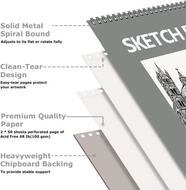 Alt view image 2 of 7 - 9"x12" Sketch Book, 2-Pack 50 Sheets Spiral Bound Art Sketchbook | Acid Free Artist Drawing Book Paper, Art Supplies for Kids, Sketch Paper for Drawing Coloring Sketching, Green