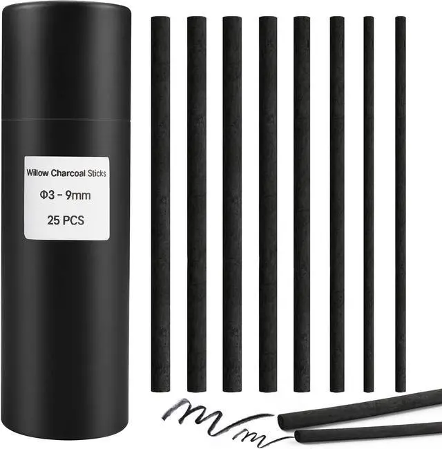Main image of Willow Charcoal Sticks, Natural Willow Charcoal Pencils for Artists, Beginners, Students, Great for Sketching, Drawing, and Shading, Pack of 25 (3-9, Millimeters)