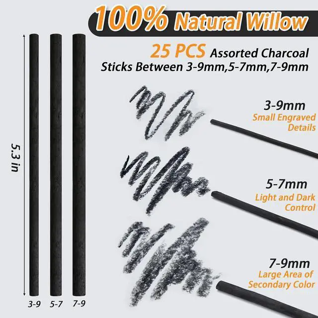 Alt view image 4 of 7 - Willow Charcoal Sticks, Natural Willow Charcoal Pencils for Artists, Beginners, Students, Great for Sketching, Drawing, and Shading, Pack of 25 (7-9, Millimeters)