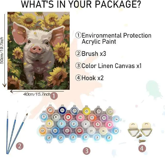 Alt view image 2 of 7 - Pig Paint by Numbers Kit for Adults Beginners- Pig Sunflower Paint by Number Canvas, Easy Animal Acrylic Painting by Numbers for Home Wall Decor (16x20 inch)