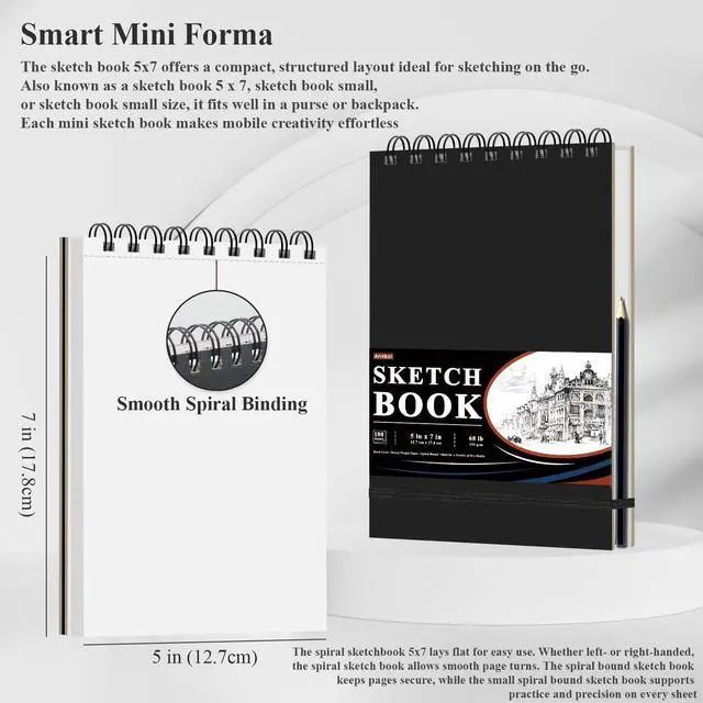 Alt view image 2 of 7 - Spiral Sketchbook 5x7, Small Sketch Book Hard Cover -100 Sheets, 68lb/100gsm Mini Drawing Pad Paper, Lay-Flat Mini Travel Sketchbook & Stocking Stuffer for Artist and Sketching Supplies.