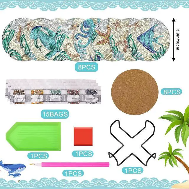 Alt view image 9 of 10 - UPINS Ocean Diamond Art Painting Coaster Kit, 8Pcs DIY Crafts Kit with Holder, Non Slip Coaster Art Supplies for Adults, Ideal Christmas Gift