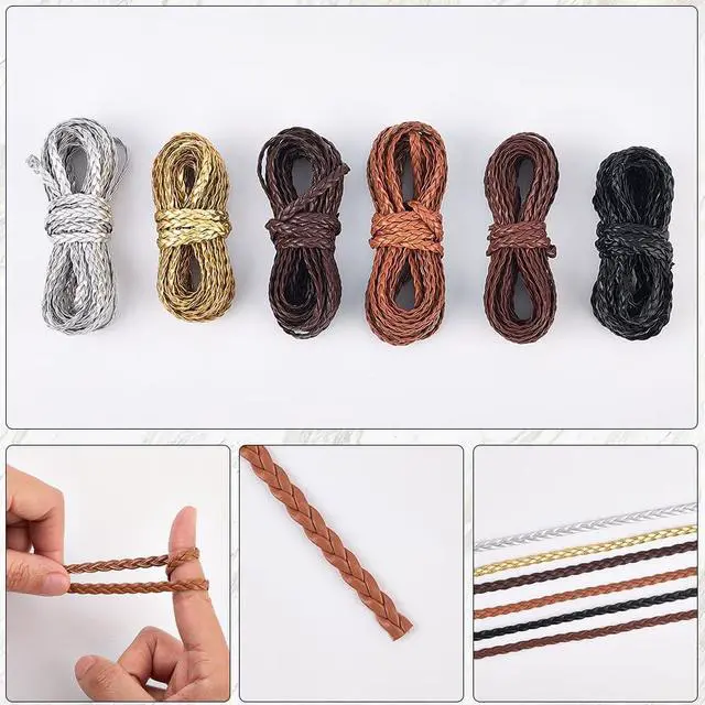 Alt view image 5 of 7 - 5.5 Yard Peru Flat Folded Bolo Braided PU Leather String Rope with 3 Strands 5mm Imitation Leather Cord for DIY Braiding Crafts Bracelet Anklets Choker Necklace Jewelry Making Supplies