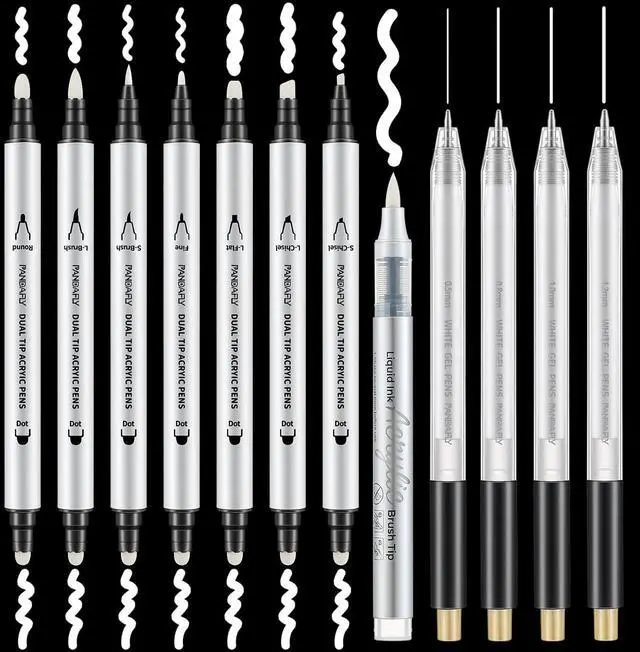 Main image of 12 Pack White Pens Set, White Gel Pens, Dual-Tip Acrylic Paint Pen | Opaque Brush Tip Acrylic Markers for Black Paper Drawing, Sketching, Illustration & Card Making, Bullet Journaling