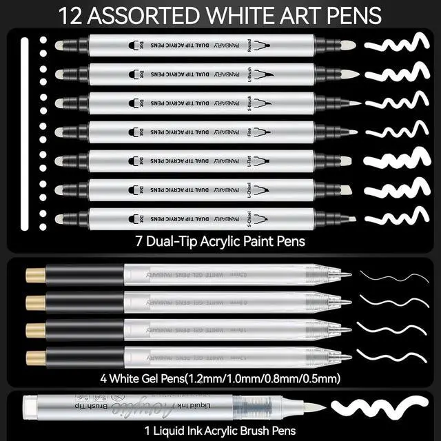 Alt view image 2 of 7 - 12 Pack White Pens Set, White Gel Pens, Dual-Tip Acrylic Paint Pen | Opaque Brush Tip Acrylic Markers for Black Paper Drawing, Sketching, Illustration & Card Making, Bullet Journaling