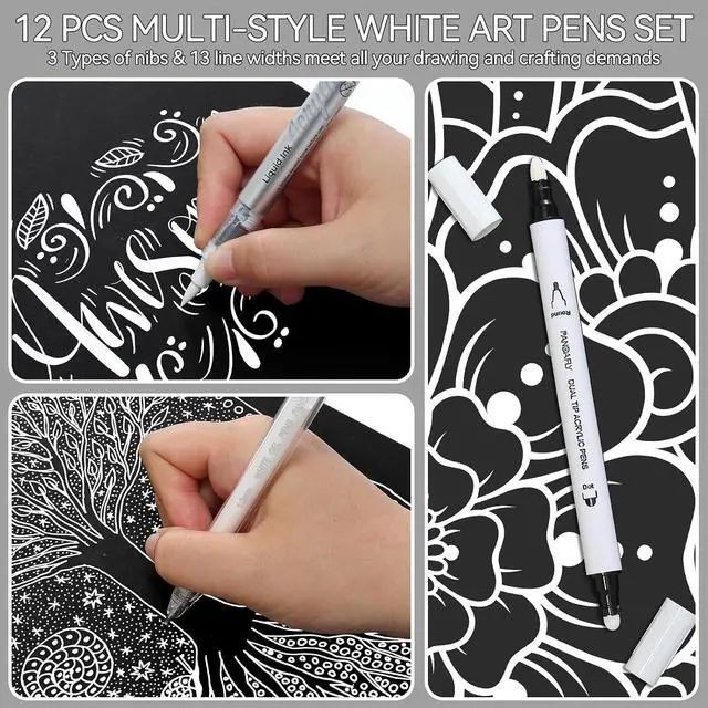 Alt view image 4 of 7 - 12 Pack White Pens Set, White Gel Pens, Dual-Tip Acrylic Paint Pen | Opaque Brush Tip Acrylic Markers for Black Paper Drawing, Sketching, Illustration & Card Making, Bullet Journaling