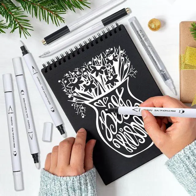Alt view image 5 of 7 - 12 Pack White Pens Set, White Gel Pens, Dual-Tip Acrylic Paint Pen | Opaque Brush Tip Acrylic Markers for Black Paper Drawing, Sketching, Illustration & Card Making, Bullet Journaling