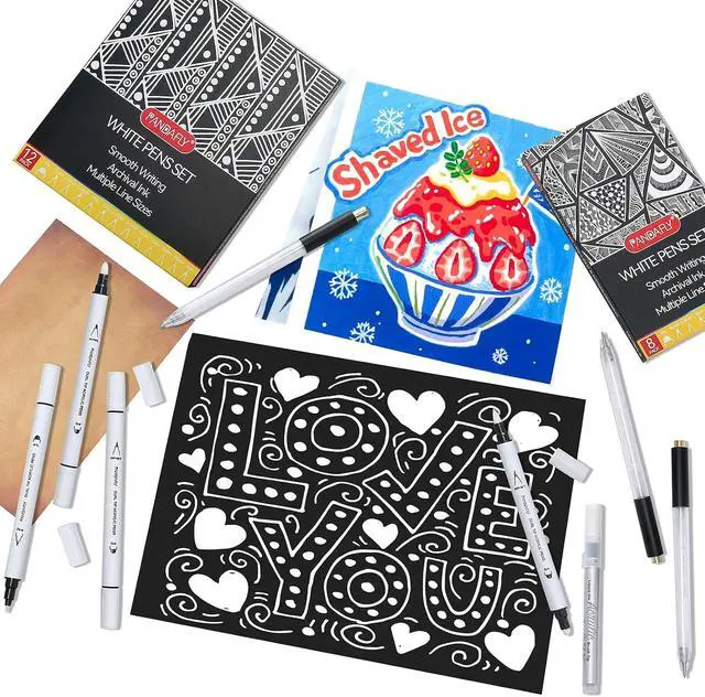 Alt view image 6 of 7 - 12 Pack White Pens Set, White Gel Pens, Dual-Tip Acrylic Paint Pen | Opaque Brush Tip Acrylic Markers for Black Paper Drawing, Sketching, Illustration & Card Making, Bullet Journaling