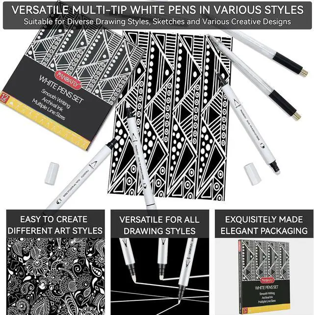 Alt view image 3 of 7 - 12 Pack White Pens Set, White Gel Pens, Dual-Tip Acrylic Paint Pen | Opaque Brush Tip Acrylic Markers for Black Paper Drawing, Sketching, Illustration & Card Making, Bullet Journaling