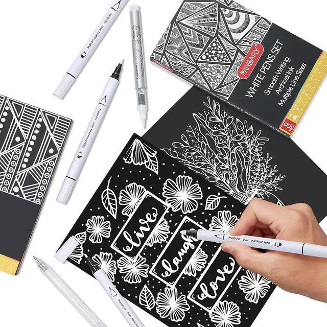 Alt view image 7 of 7 - 12 Pack White Pens Set, White Gel Pens, Dual-Tip Acrylic Paint Pen | Opaque Brush Tip Acrylic Markers for Black Paper Drawing, Sketching, Illustration & Card Making, Bullet Journaling