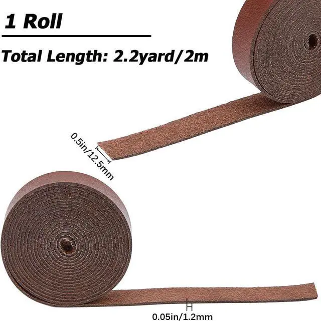 Alt view image 2 of 7 - 2m x 12.5mm Leather Strap Strips Flat Leather Cord 1.2mm Thick Lychee Grain Threads Rope Strings for DIY Crafts Guitar Belt Boot Lace Bracelet Jewelry Making Braiding, Coconut Brown