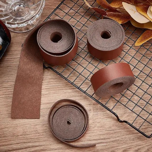 Alt view image 4 of 7 - 2m x 12.5mm Leather Strap Strips Flat Leather Cord 1.2mm Thick Lychee Grain Threads Rope Strings for DIY Crafts Guitar Belt Boot Lace Bracelet Jewelry Making Braiding, Coconut Brown