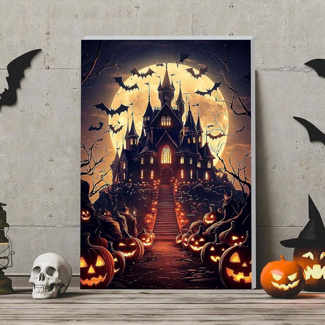 Alt view image 3 of 7 - Framed Paint by Numbers Kit for Adults, Halloween Castle DIY Paint by Number Kits on Canvas, Easy Canvas Painting by Numbers for Home Wall Decoration Gift 8x12 Inch