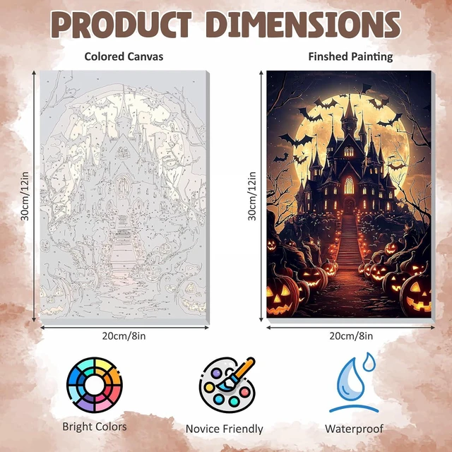 Alt view image 6 of 7 - Framed Paint by Numbers Kit for Adults, Halloween Castle DIY Paint by Number Kits on Canvas, Easy Canvas Painting by Numbers for Home Wall Decoration Gift 8x12 Inch