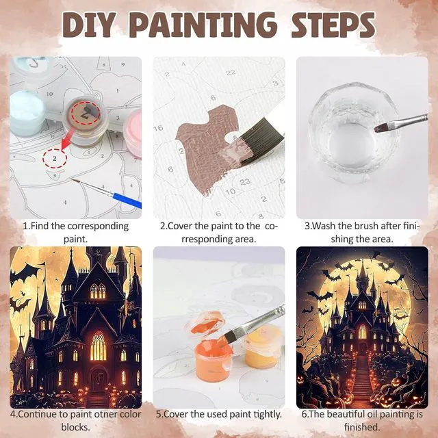 Alt view image 7 of 7 - Framed Paint by Numbers Kit for Adults, Halloween Castle DIY Paint by Number Kits on Canvas, Easy Canvas Painting by Numbers for Home Wall Decoration Gift 8x12 Inch