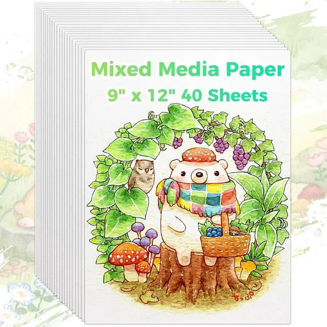 Main image of Mixed Media Paper 9" x 12",40 Sheets Multipurpose White Loose Drawing Paper | 98 lb/160 gsm Heavyweight Art Paper for Sketching, Sketch Book, Gouache, Painting, Sketchbook, Drawing Pad Book, School