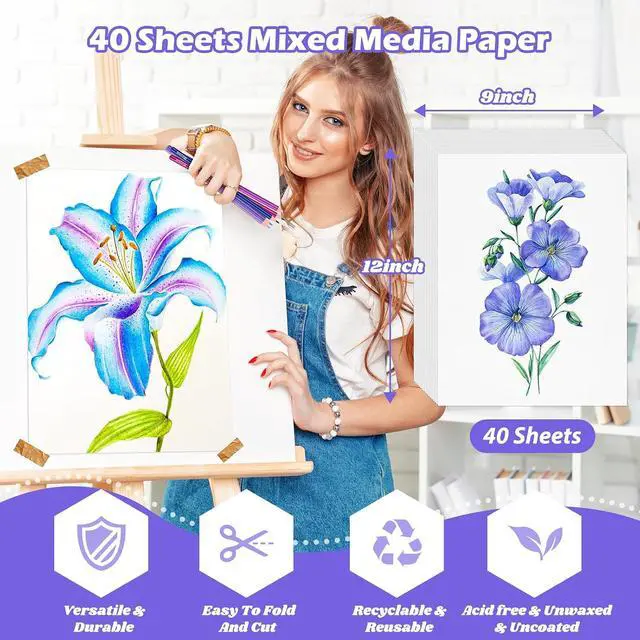 Alt view image 2 of 7 - Mixed Media Paper 9" x 12",40 Sheets Multipurpose White Loose Drawing Paper | 98 lb/160 gsm Heavyweight Art Paper for Sketching, Sketch Book, Gouache, Painting, Sketchbook, Drawing Pad Book, School
