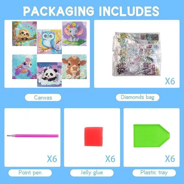 Alt view image 7 of 7 - 6 Pack Diamond Painting Kits for Kids Beginners,Full Drill Cute Animals Diamond Art Kits,Diamond Art Arts and Crafts for Kids Ages 4-8-12,Home Wall Decor 6x6 Inch