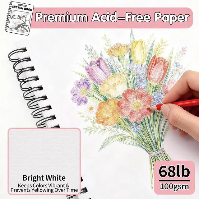 Alt view image 2 of 7 - 9"X12" Sketch Book, 100 Sheets, 68 lb/100gsm Sketchbook, Pink | Acid Free Drawing Paper | Spiral Bound Artist Sketch Pad | for Kids, Beginners, Artists & Professionals | Bright White