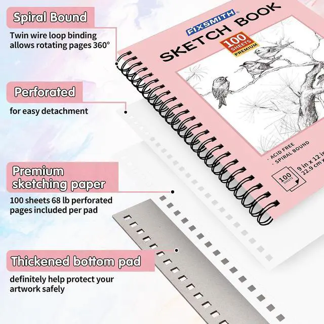 Alt view image 3 of 7 - 9"X12" Sketch Book, 100 Sheets, 68 lb/100gsm Sketchbook, Pink | Acid Free Drawing Paper | Spiral Bound Artist Sketch Pad | for Kids, Beginners, Artists & Professionals | Bright White