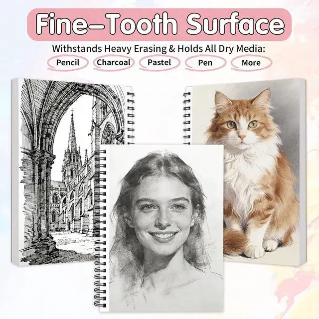 Alt view image 5 of 7 - 9"X12" Sketch Book, 100 Sheets, 68 lb/100gsm Sketchbook, Pink | Acid Free Drawing Paper | Spiral Bound Artist Sketch Pad | for Kids, Beginners, Artists & Professionals | Bright White
