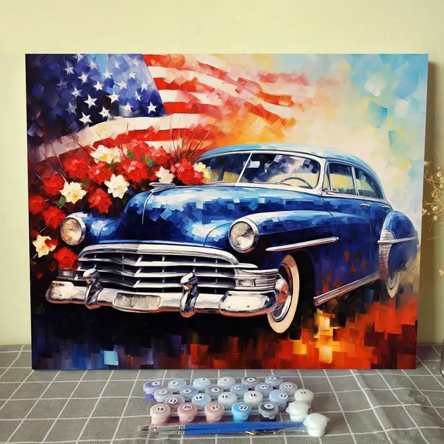 Main image of Retro Car Paint by Numbers Kits 16x20 inch Canvas DIY Digital Oil Painting for Adults with Brushes and Acrylic Pigment - American Flag Romantic Flower Pictures for Home Decor (Without Frame)