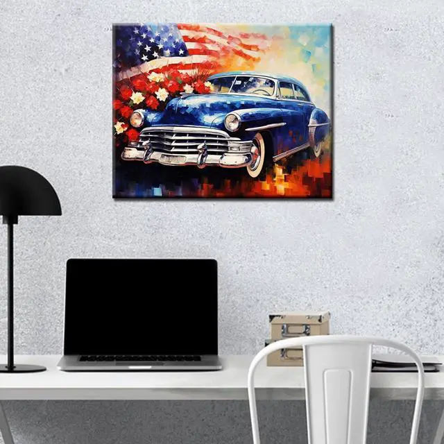 Alt view image 2 of 7 - Retro Car Paint by Numbers Kits 16x20 inch Canvas DIY Digital Oil Painting for Adults with Brushes and Acrylic Pigment - American Flag Romantic Flower Pictures for Home Decor (Without Frame)