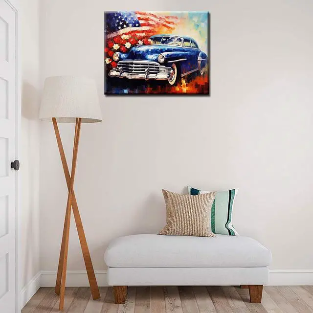 Alt view image 3 of 7 - Retro Car Paint by Numbers Kits 16x20 inch Canvas DIY Digital Oil Painting for Adults with Brushes and Acrylic Pigment - American Flag Romantic Flower Pictures for Home Decor (Without Frame)