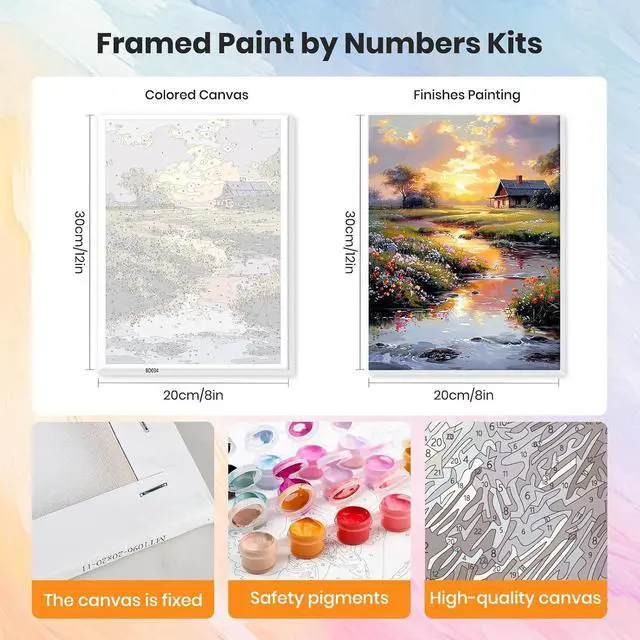 Alt view image 2 of 7 - Framed Paint by Numbers Kit Countryside Sunset for Adults, Paint by Numbers for Adults Beginner, Adult Paint by Number Kits on Canvas, DIY Painting by Numbers for Gift Home Wall Decor 8 x 12In