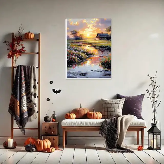 Alt view image 3 of 7 - Framed Paint by Numbers Kit Countryside Sunset for Adults, Paint by Numbers for Adults Beginner, Adult Paint by Number Kits on Canvas, DIY Painting by Numbers for Gift Home Wall Decor 8 x 12In