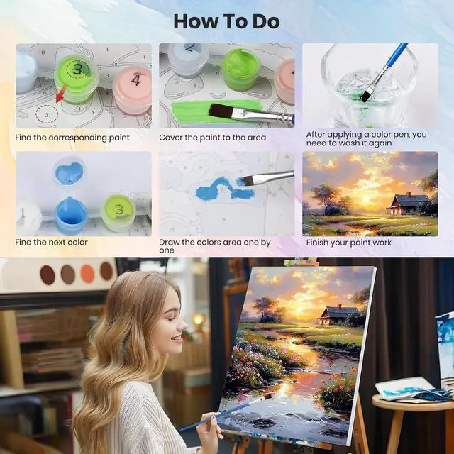 Alt view image 5 of 7 - Framed Paint by Numbers Kit Countryside Sunset for Adults, Paint by Numbers for Adults Beginner, Adult Paint by Number Kits on Canvas, DIY Painting by Numbers for Gift Home Wall Decor 8 x 12In