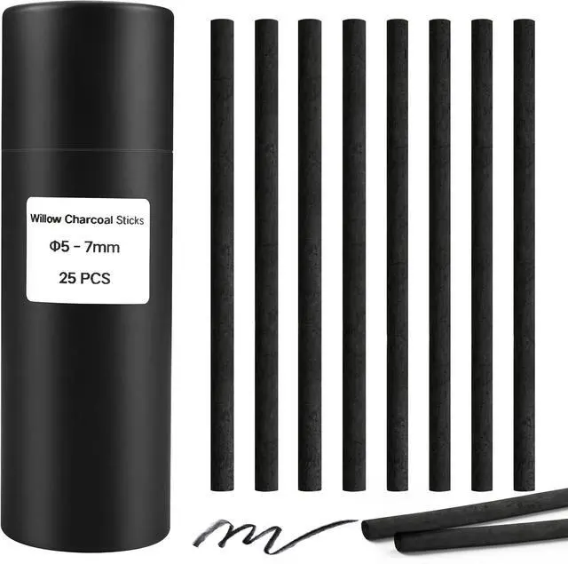 Main image of Willow Charcoal Sticks, Natural Willow Charcoal Pencils for Artists, Beginners, Students, Great for Sketching, Drawing, and Shading, Pack of 25 (5-7, Millimeters)