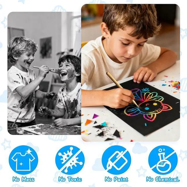 Alt view image 3 of 7 - 100 Pcs Scratch Art Paper Rainbow Sets Arts and Crafts for Kids | Classroom Supplies Black Magic Scratch Off Craft Set Kits for Age 3-12 Party Games Birthday Gifts Easter Basket Stuffers