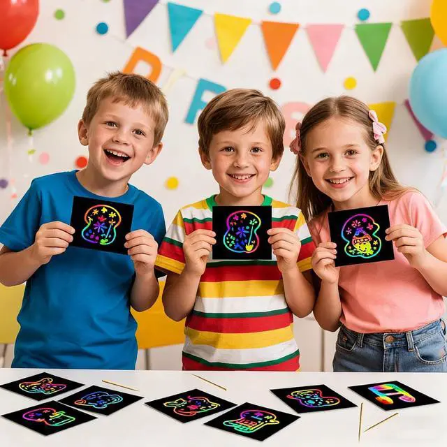 Alt view image 5 of 7 - 100 Pcs Scratch Art Paper Rainbow Sets Arts and Crafts for Kids | Classroom Supplies Black Magic Scratch Off Craft Set Kits for Age 3-12 Party Games Birthday Gifts Easter Basket Stuffers