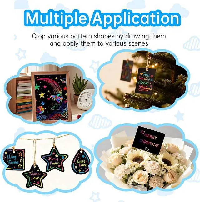 Alt view image 6 of 7 - 100 Pcs Scratch Art Paper Rainbow Sets Arts and Crafts for Kids | Classroom Supplies Black Magic Scratch Off Craft Set Kits for Age 3-12 Party Games Birthday Gifts Easter Basket Stuffers