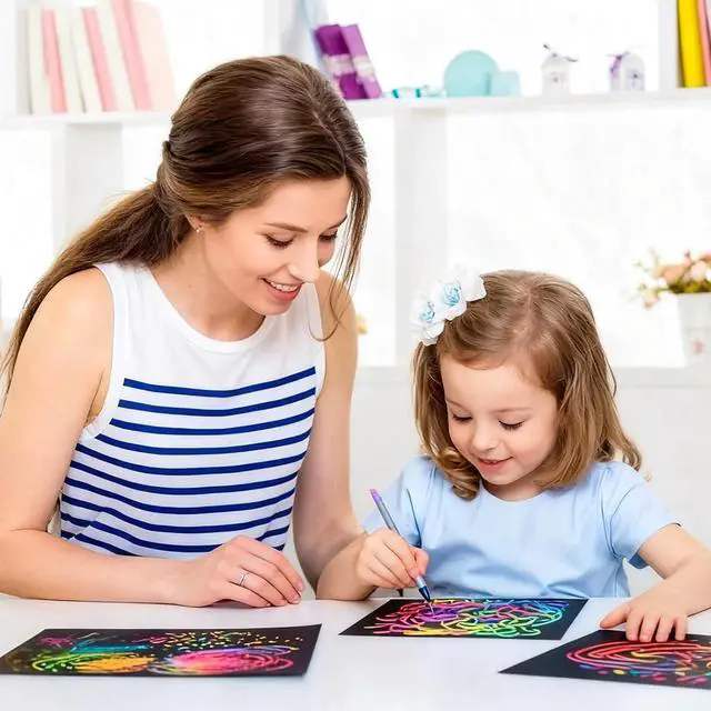 Alt view image 7 of 7 - 100 Pcs Scratch Art Paper Rainbow Sets Arts and Crafts for Kids | Classroom Supplies Black Magic Scratch Off Craft Set Kits for Age 3-12 Party Games Birthday Gifts Easter Basket Stuffers