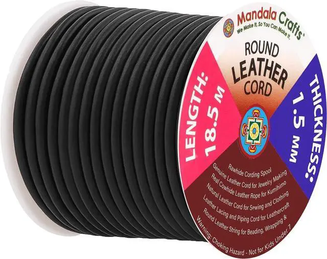 Main image of 1.5mm Round Genuine Black Leather Cord for Jewelry Making | 20 YDs, Durable, Real Cowhide String, Rope for Bracelets, Necklaces, Beading, Braiding, Kumihimo, Lanyards, DIY Crafts