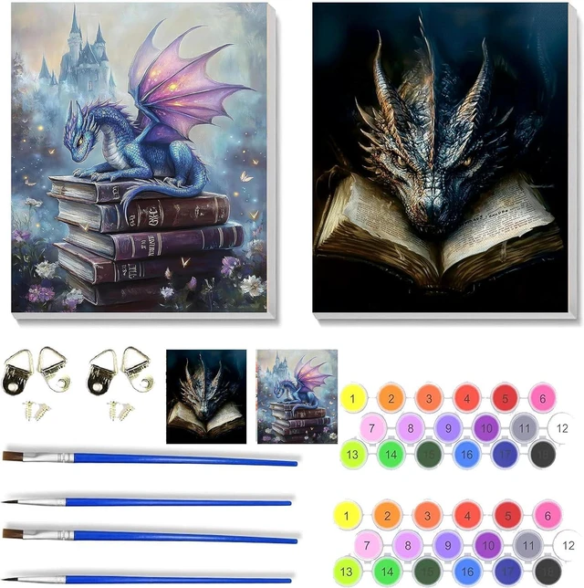 Main image of 2 Pack Dragon Paint by Numbers Kit for Adults Beginner with Framed,Flower Easy Adult Paint by Number Kits on Canvas DIY Painting for Beginners Art by Numbers for Home Wall Decor 10x12 Inch