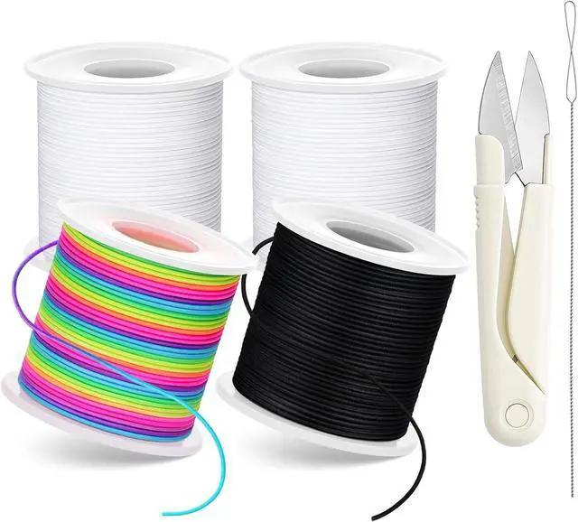 Main image of Stretchy Bracelet String Kit with Scissors & Beading Needle, 4 Rolls Elastic String for DIY Crafts, 1mm Stretchy Cord for Jewelry Making Sewing Necklace Beading, 660FT, (Black, White, Rainbow)