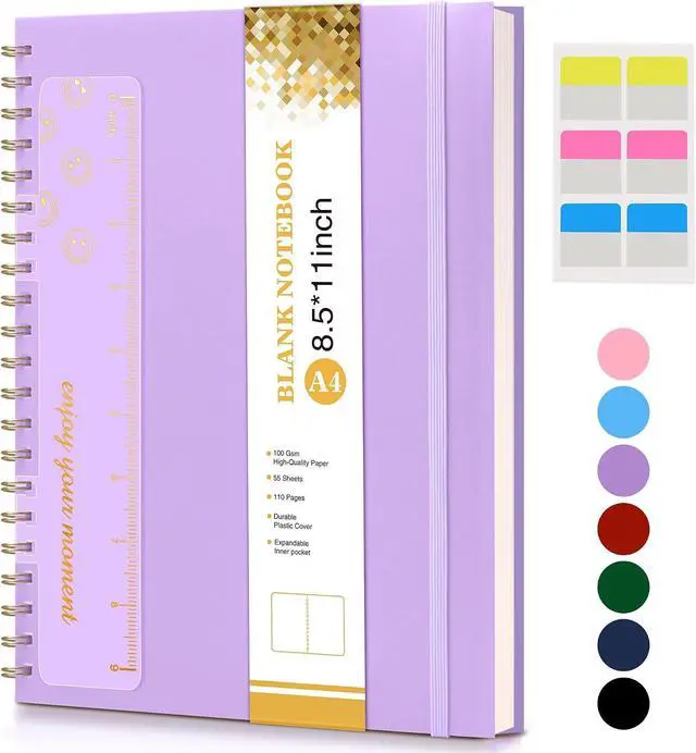 Main image of Blank Spiral Notebook Journal 8.5 x 11, A4 Large Sketch Book for Women Men, 100 GSM Blank Paper Drawing Notebook, Plastic Hardcover Spiral Bound Sketchbook for Sketching Work School Writing, Purple
