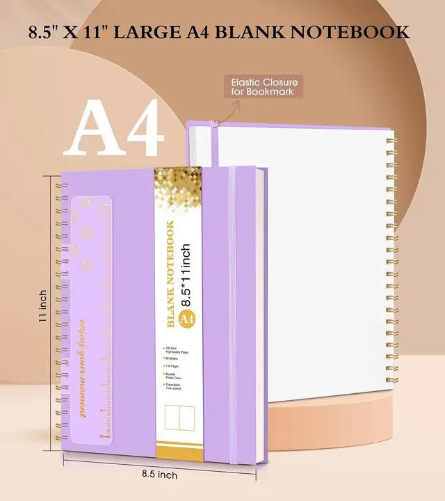 Alt view image 2 of 7 - Blank Spiral Notebook Journal 8.5 x 11, A4 Large Sketch Book for Women Men, 100 GSM Blank Paper Drawing Notebook, Plastic Hardcover Spiral Bound Sketchbook for Sketching Work School Writing, Purple