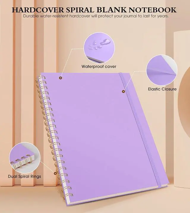 Alt view image 3 of 7 - Blank Spiral Notebook Journal 8.5 x 11, A4 Large Sketch Book for Women Men, 100 GSM Blank Paper Drawing Notebook, Plastic Hardcover Spiral Bound Sketchbook for Sketching Work School Writing, Purple