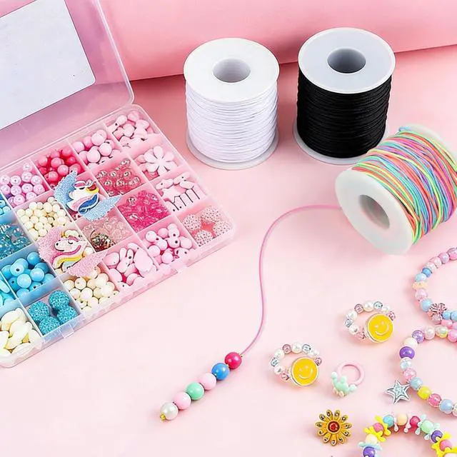 Alt view image 2 of 7 - 1mm Elastic Bracelet String 4 Rolls Strong Stretch Cord 660FT | Durable Elastic Cord, Black White 2 Rainbow, Easy Knotting, Fits Most Bead Sizes, for DIY Bracelet Necklaces Making and Kandi