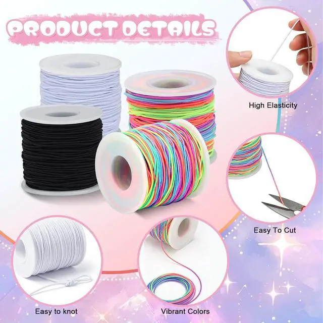 Alt view image 4 of 7 - 1mm Elastic Bracelet String 4 Rolls Strong Stretch Cord 660FT | Durable Elastic Cord, Black White 2 Rainbow, Easy Knotting, Fits Most Bead Sizes, for DIY Bracelet Necklaces Making and Kandi