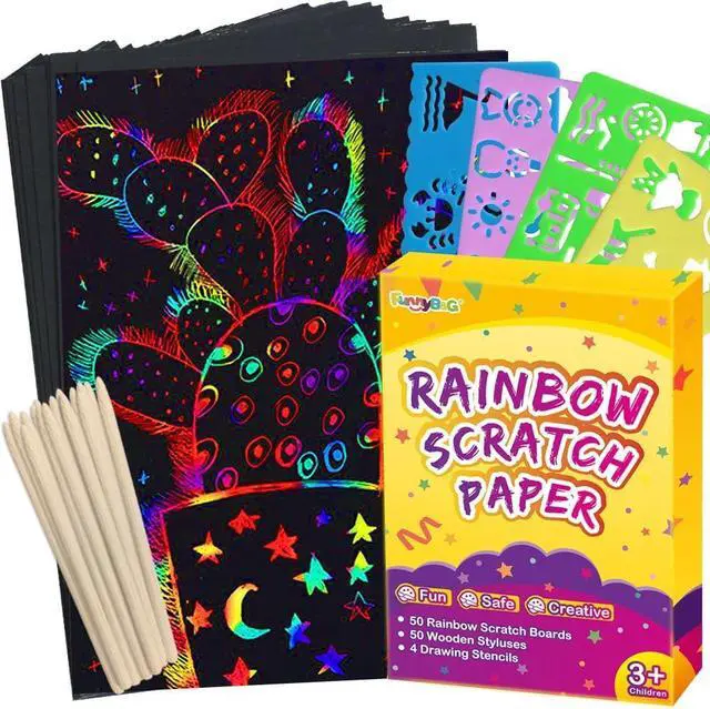 Main image of 100 Pcs Rainbow Scratch Paper Art for Kids Arts and Crafts Kit | Rainbow Scratch Paper Set Supplies School Activities Coloring Sheets Travel Toys for Party Games Christmas Birthday Gifts