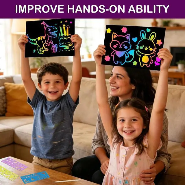 Alt view image 4 of 7 - 100 Pcs Rainbow Scratch Paper Art for Kids Arts and Crafts Kit | Rainbow Scratch Paper Set Supplies School Activities Coloring Sheets Travel Toys for Party Games Christmas Birthday Gifts