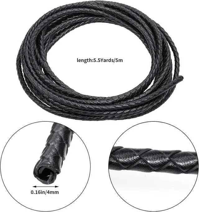 Alt view image 2 of 6 - 5.5 Yards Genuine Bolo Leather Cord 4mm Round Braided for DIY | Braided Leather Cord Strip, 5m Long Antique Strap, 4mm Thick for Bracelet, Necklace, Beading Jewelry Making (Black)